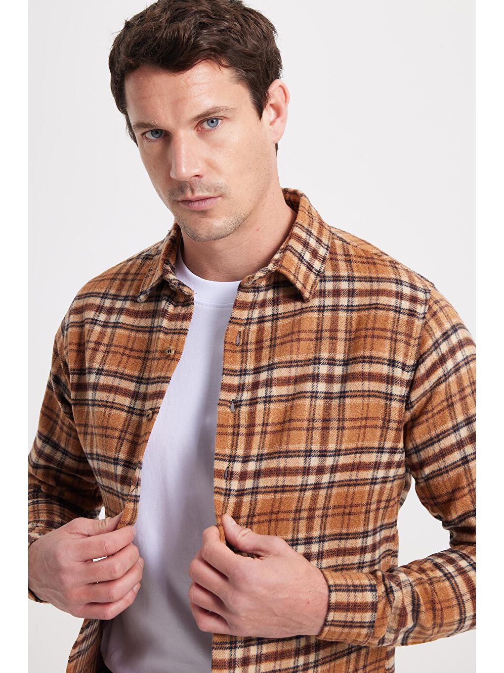 Kahverengi Erkek Slim Fit Dar Kesim Kareli Kışlık Oduncu Gömlek-1