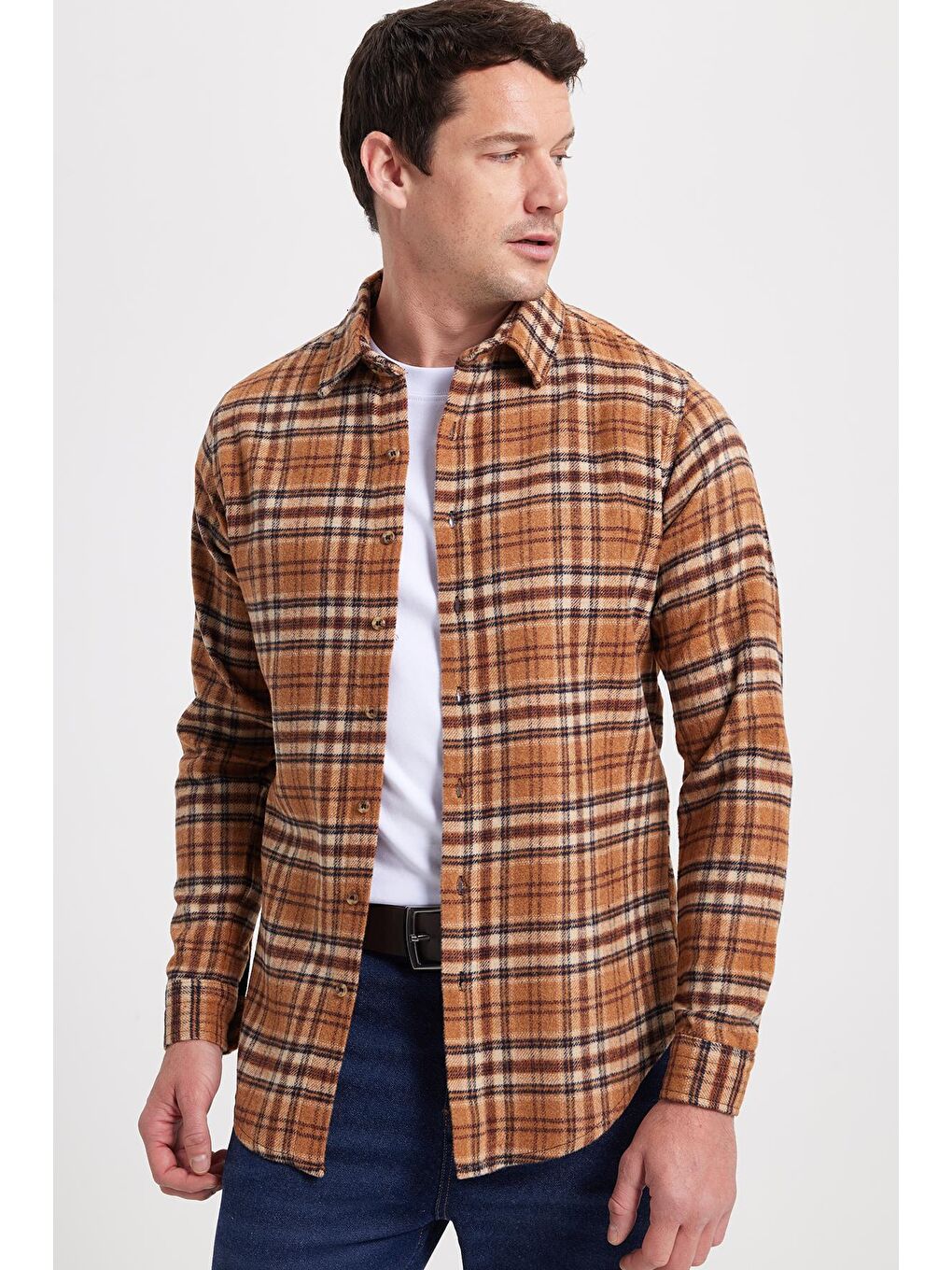 Kahverengi Erkek Slim Fit Dar Kesim Kareli Kışlık Oduncu Gömlek-2