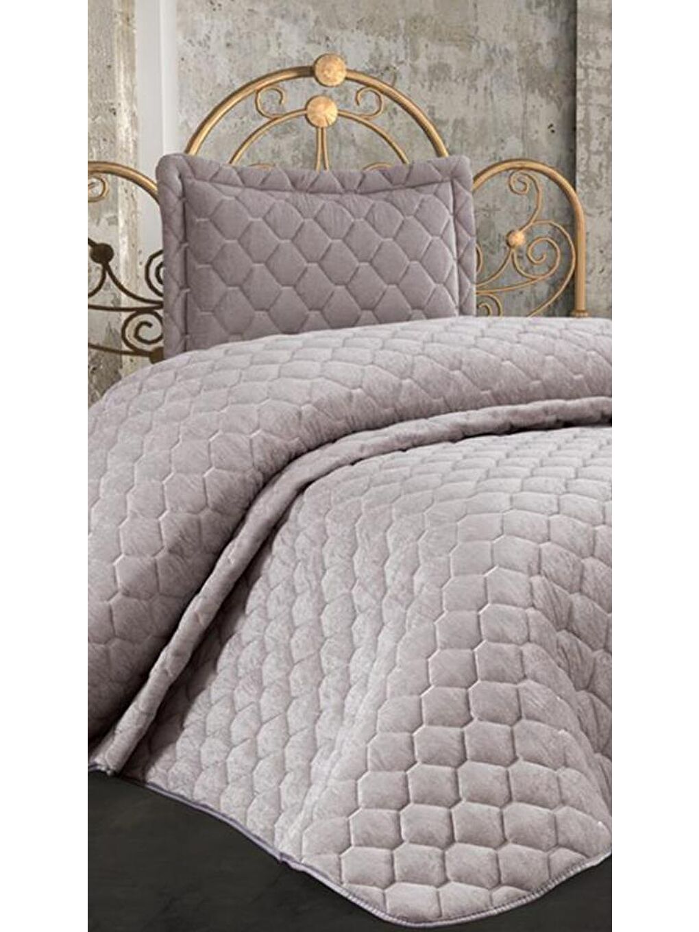 Lima Kadife Dolgulu Tek Kişilik Yatak Örtüsü Gri