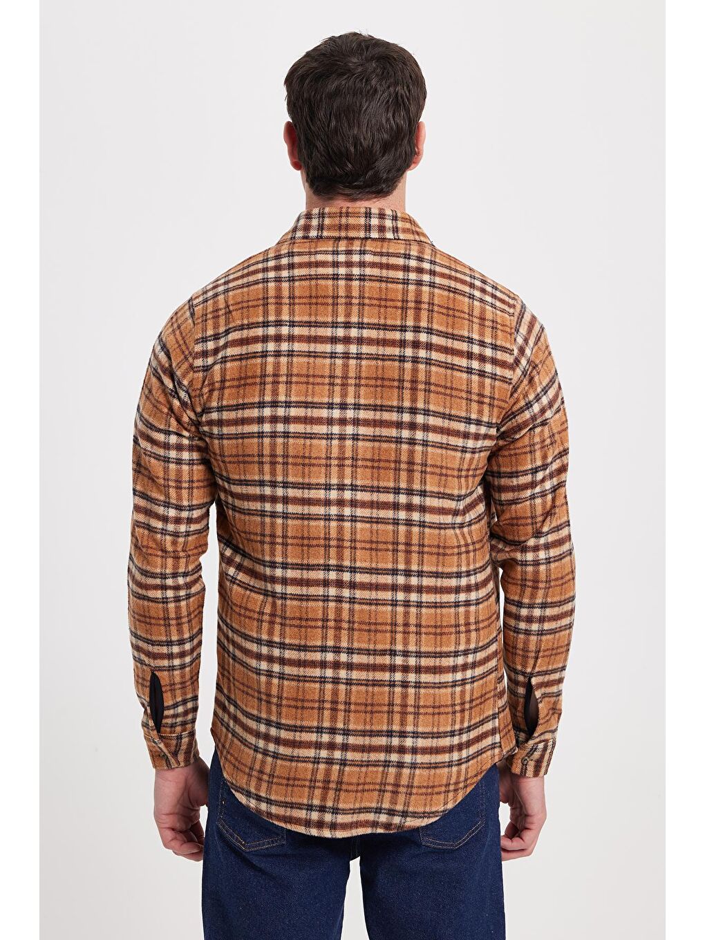 Kahverengi Erkek Slim Fit Dar Kesim Kareli Kışlık Oduncu Gömlek-5