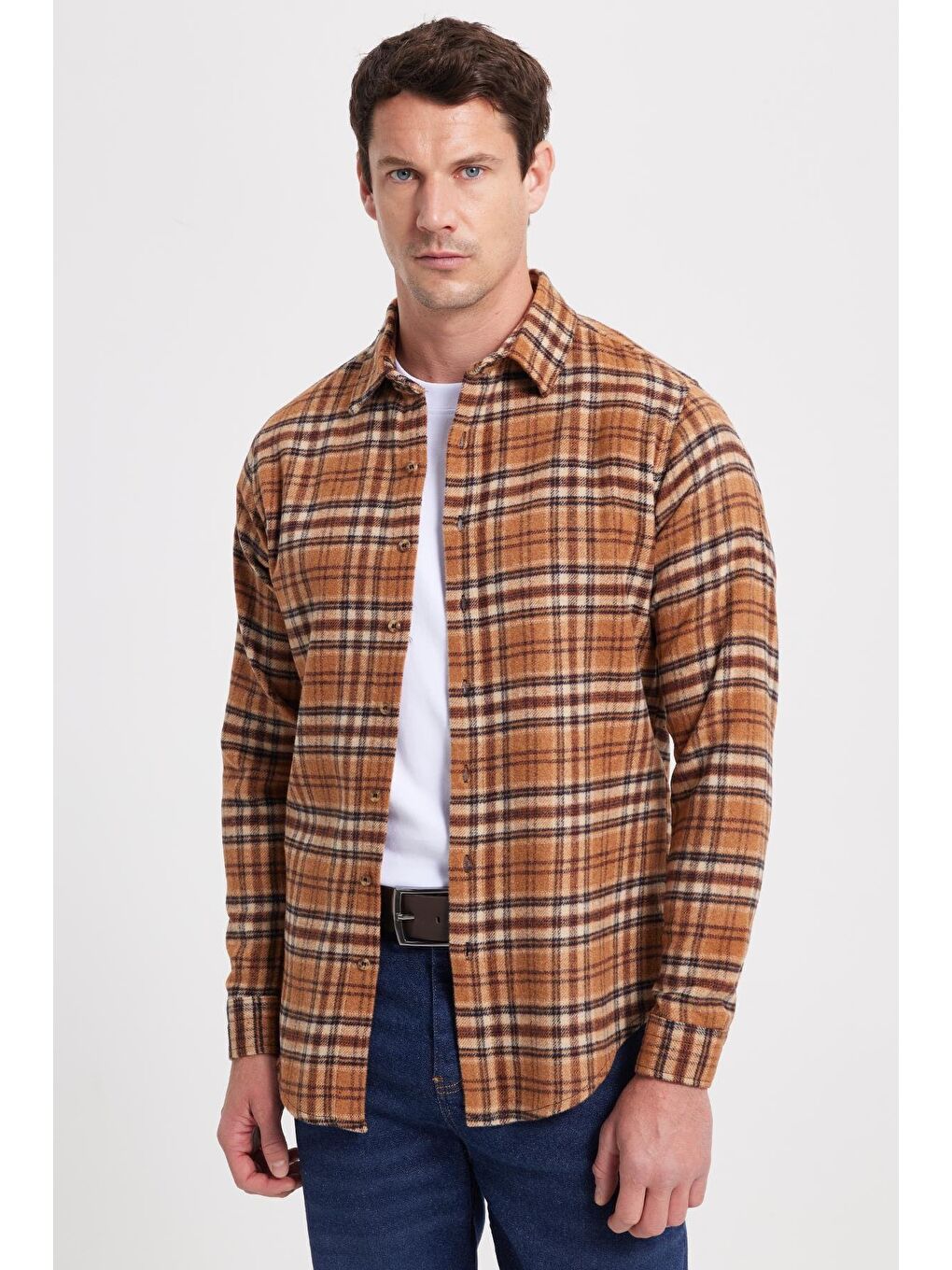 Kahverengi Erkek Slim Fit Dar Kesim Kareli Kışlık Oduncu Gömlek-6
