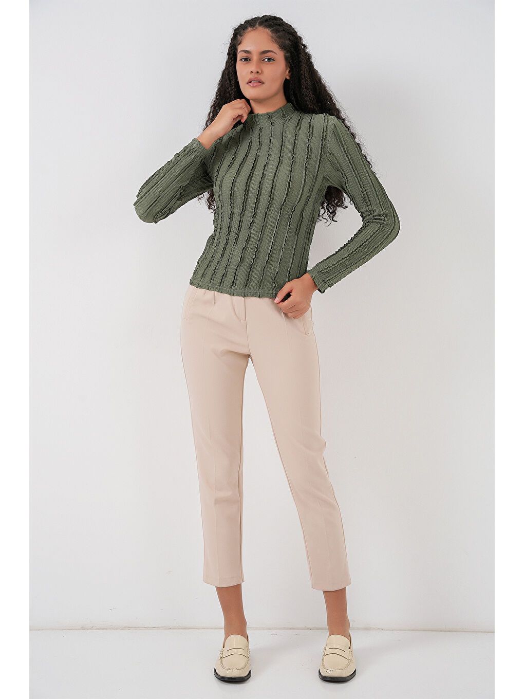 Kadın Dokulu Esnek Örme Bluz 975 - Haki-1
