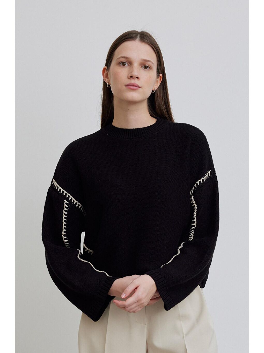 Nakışlı Pamuklu Kazak Siyah-1