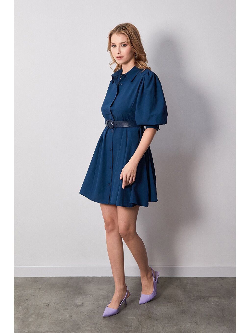 İndigo Kemerli Gömlek Yaka Balon Kol Elbise-1