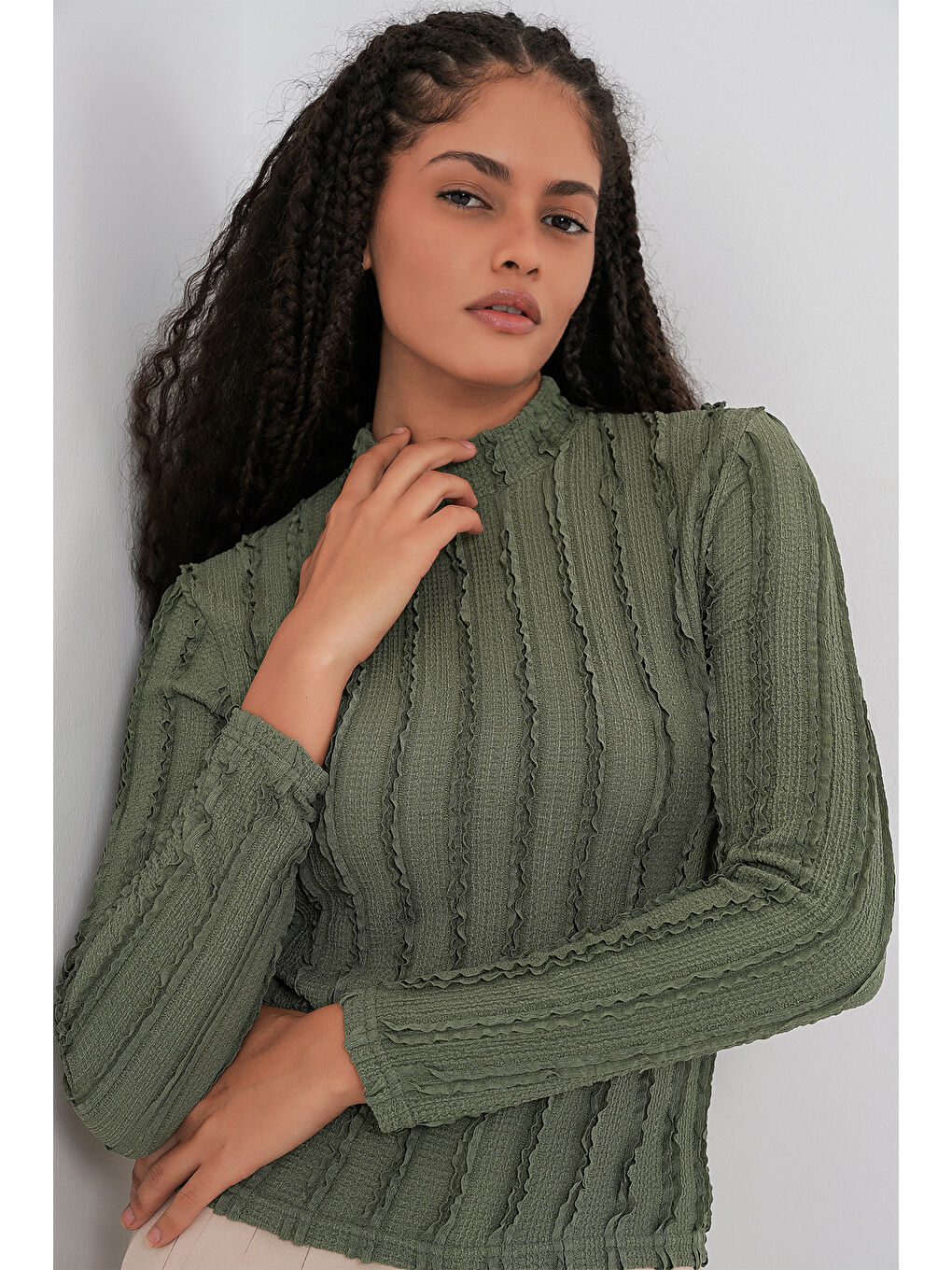 Kadın Dokulu Esnek Örme Bluz 975 - Haki-2