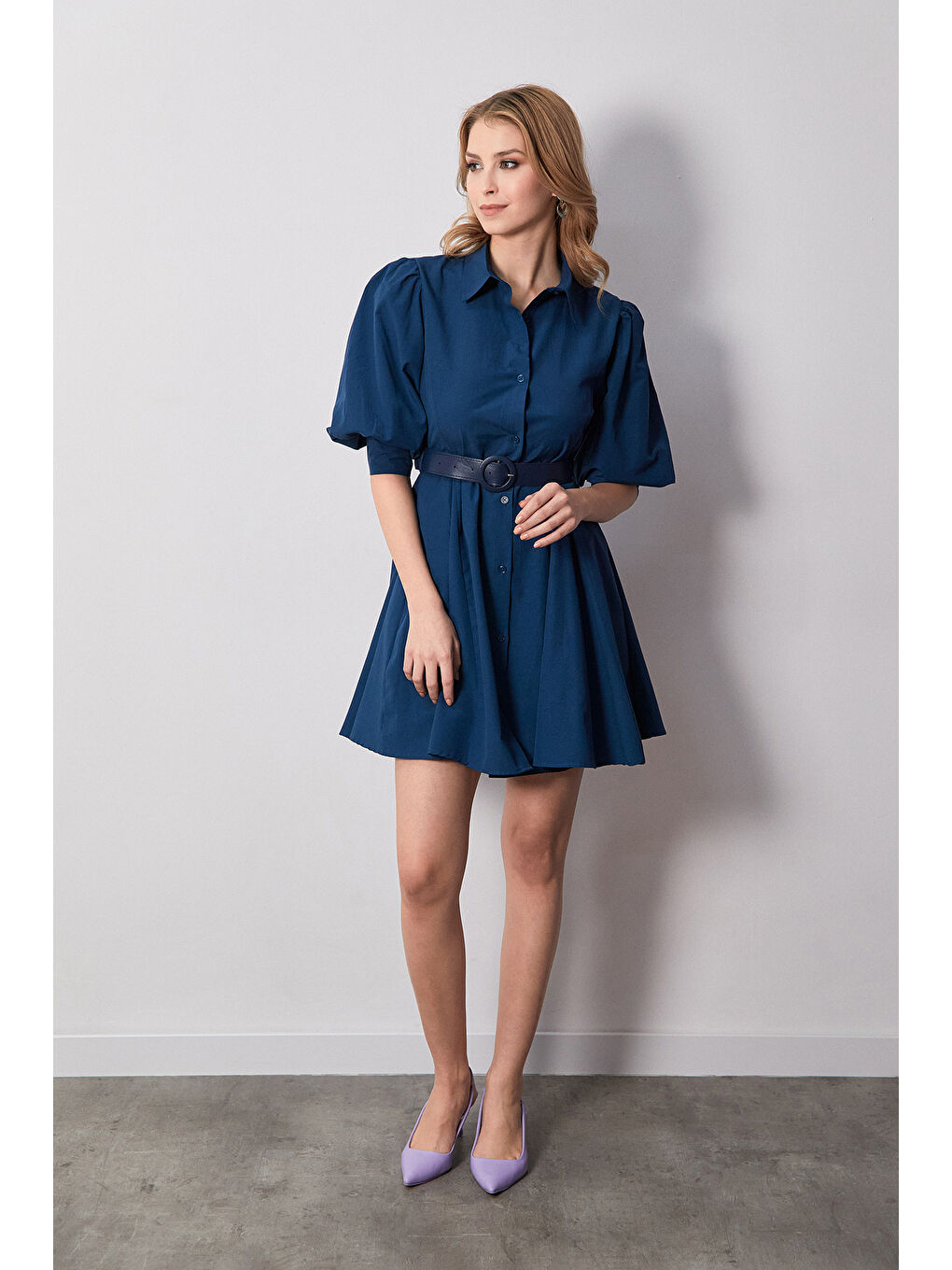 İndigo Kemerli Gömlek Yaka Balon Kol Elbise-2