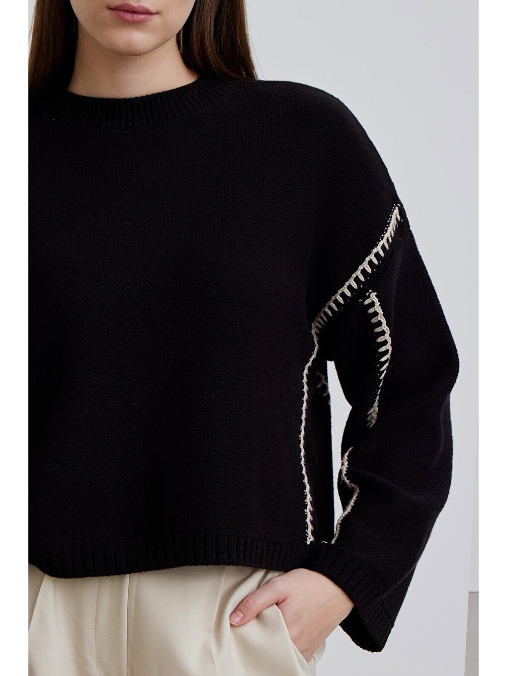 Nakışlı Pamuklu Kazak Siyah-3