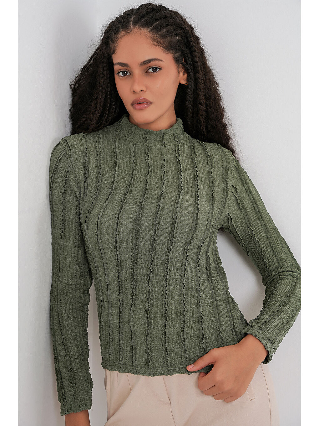 Kadın Dokulu Esnek Örme Bluz 975 - Haki-3