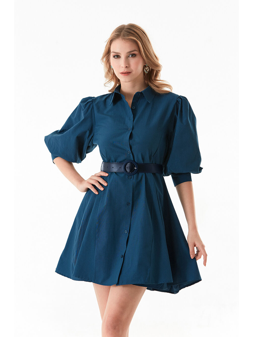 İndigo Kemerli Gömlek Yaka Balon Kol Elbise-3