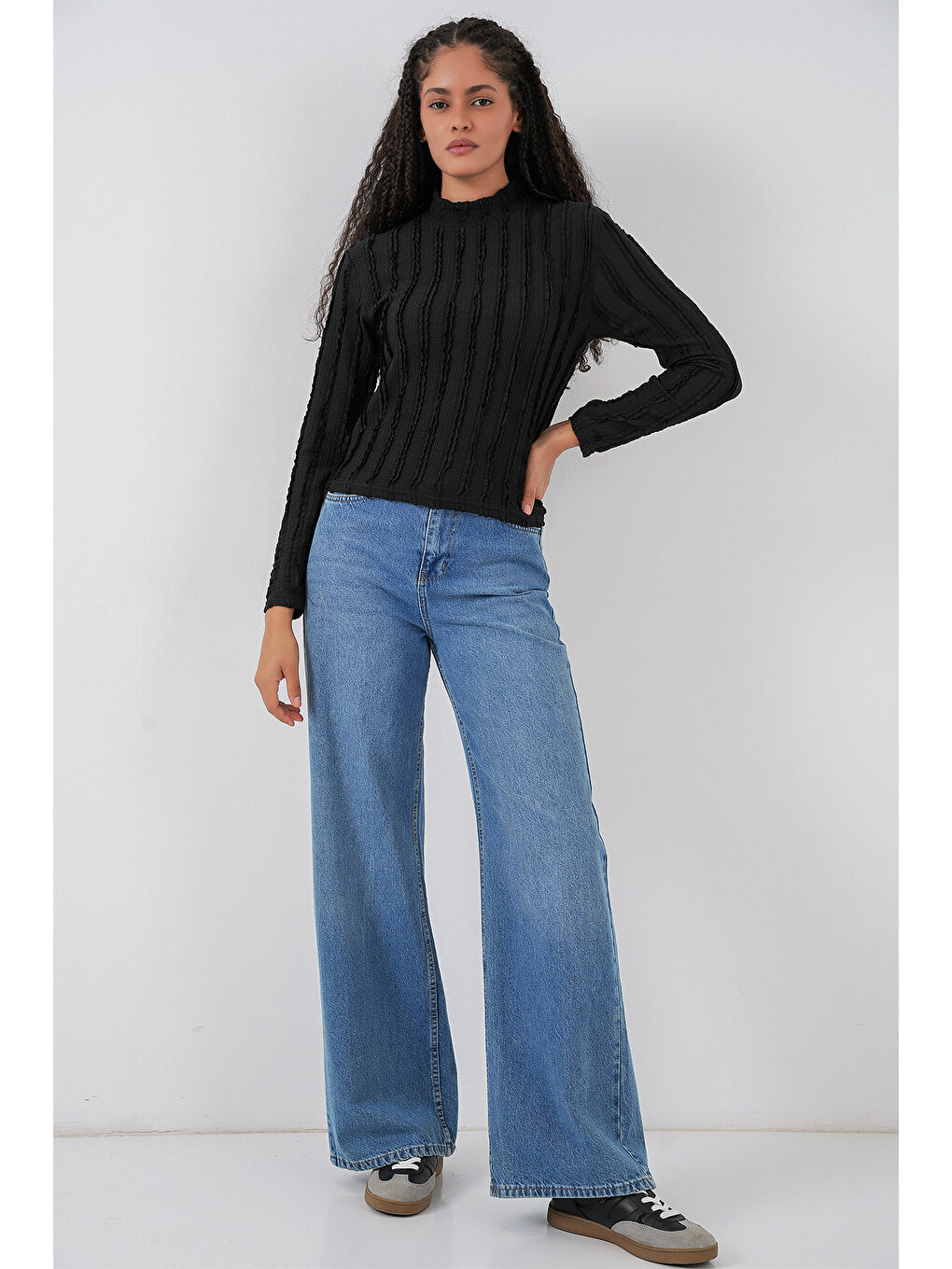 Kadın Dokulu Esnek Örme Bluz 975 - Siyah-1