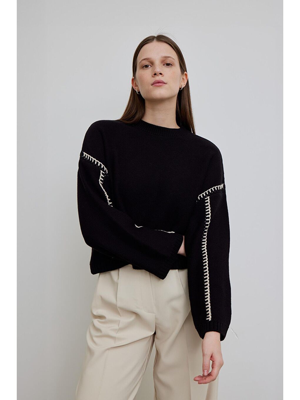 Nakışlı Pamuklu Kazak Siyah-4