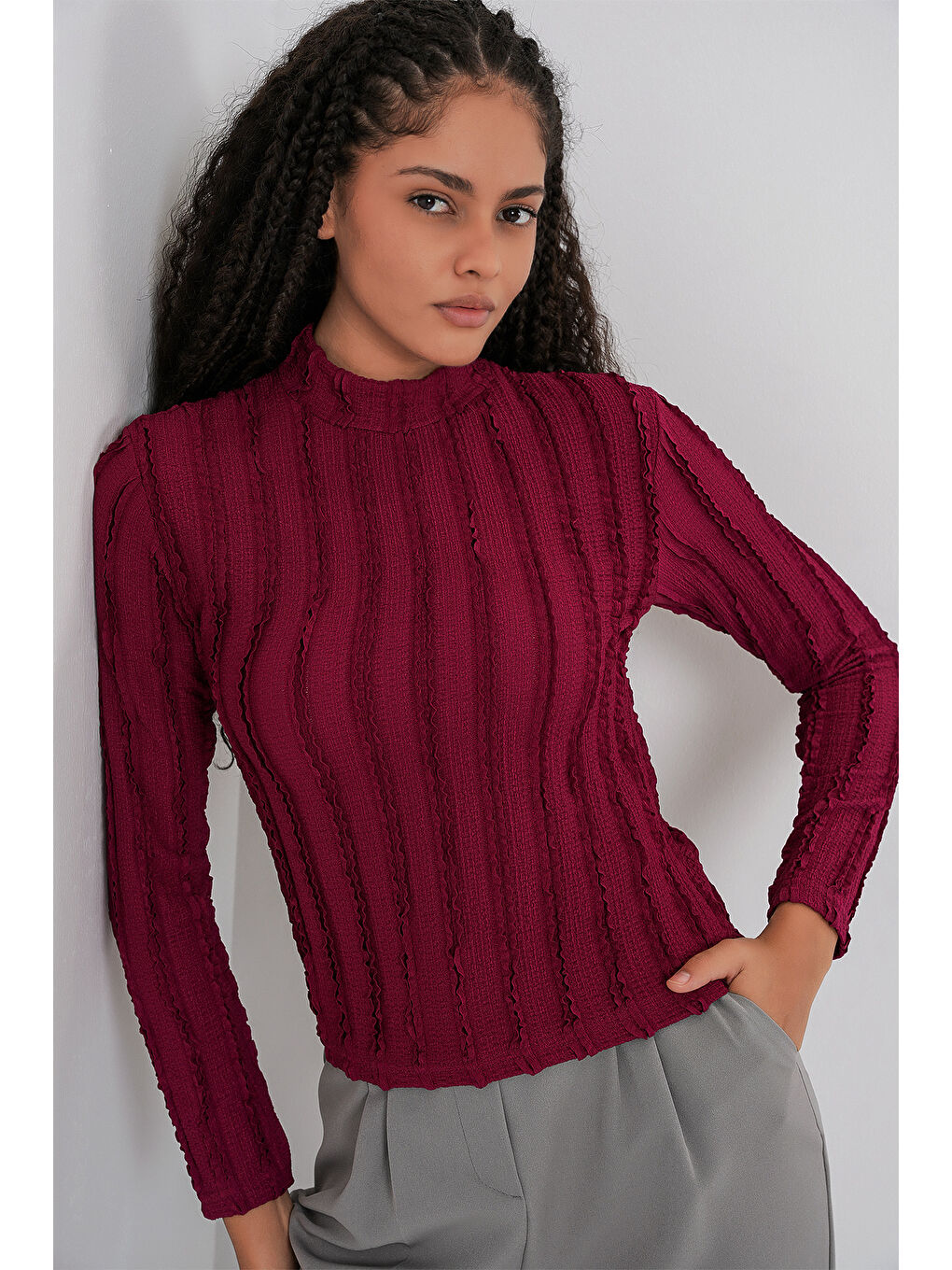 Kadın Dokulu Esnek Örme Bluz 975 - Bordo-1