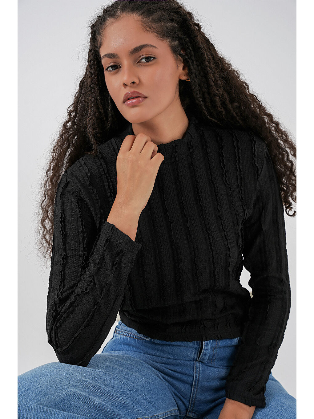 Kadın Dokulu Esnek Örme Bluz 975 - Siyah-2