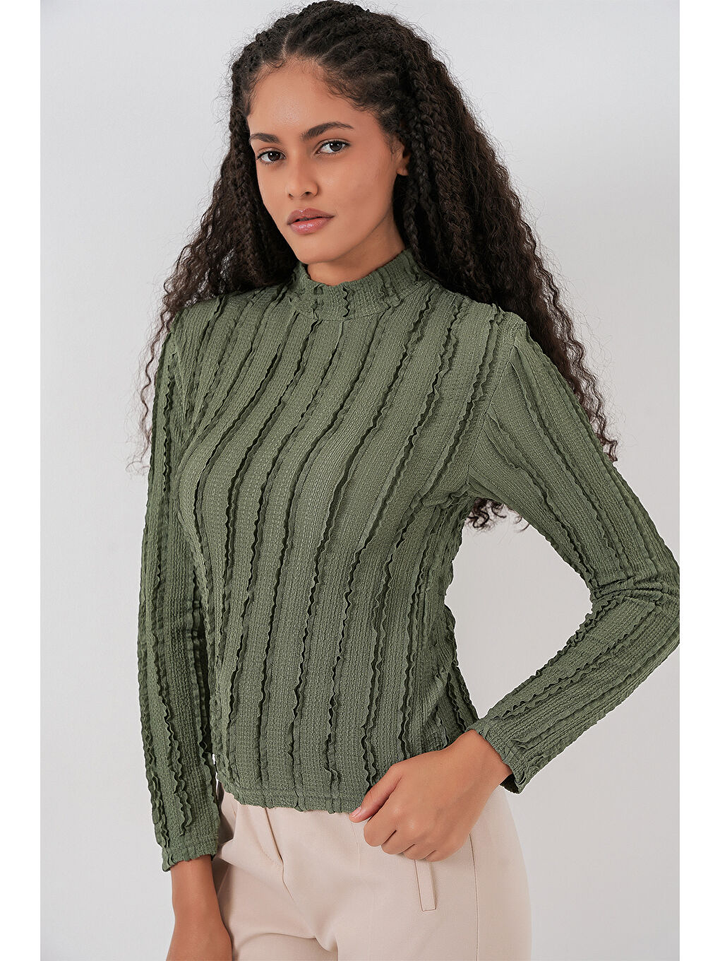 Kadın Dokulu Esnek Örme Bluz 975 - Haki-4