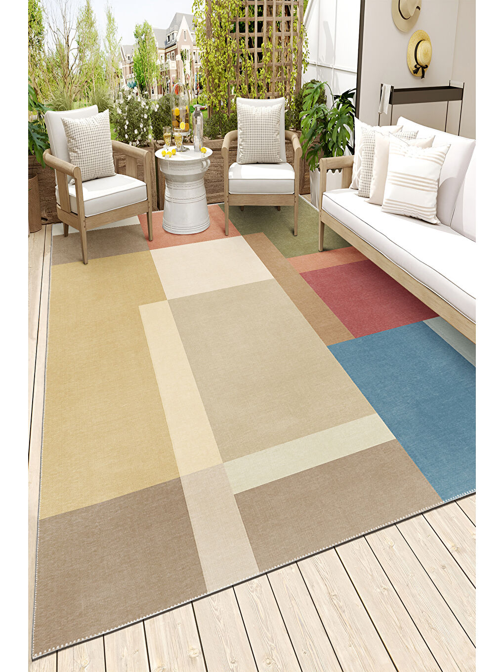 Bej Dekoratif Salon Halısı, Makinada Yıkanabilir, Kaymaz Taban, İnce & Modern Tasarım-3