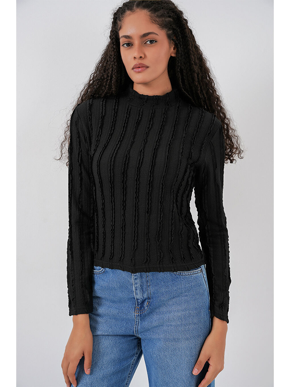 Kadın Dokulu Esnek Örme Bluz 975 - Siyah-3
