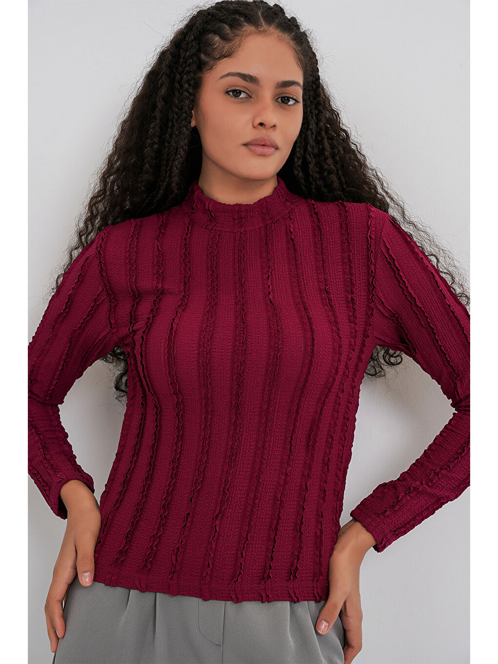 Kadın Dokulu Esnek Örme Bluz 975 - Bordo-2
