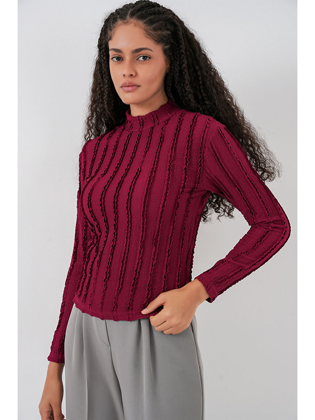 Kadın Dokulu Esnek Örme Bluz 975 - Bordo-3
