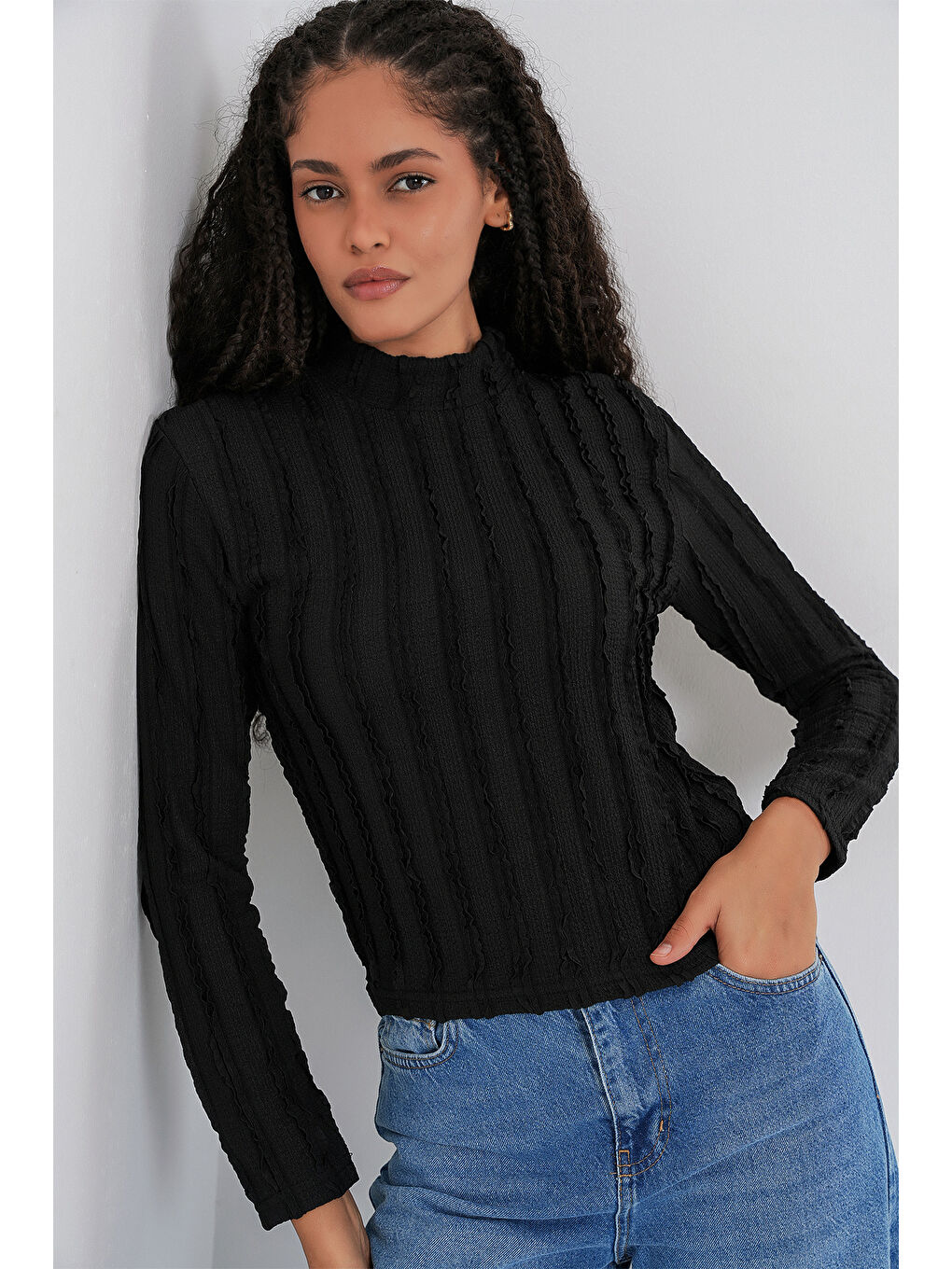 Kadın Dokulu Esnek Örme Bluz 975 - Siyah-4