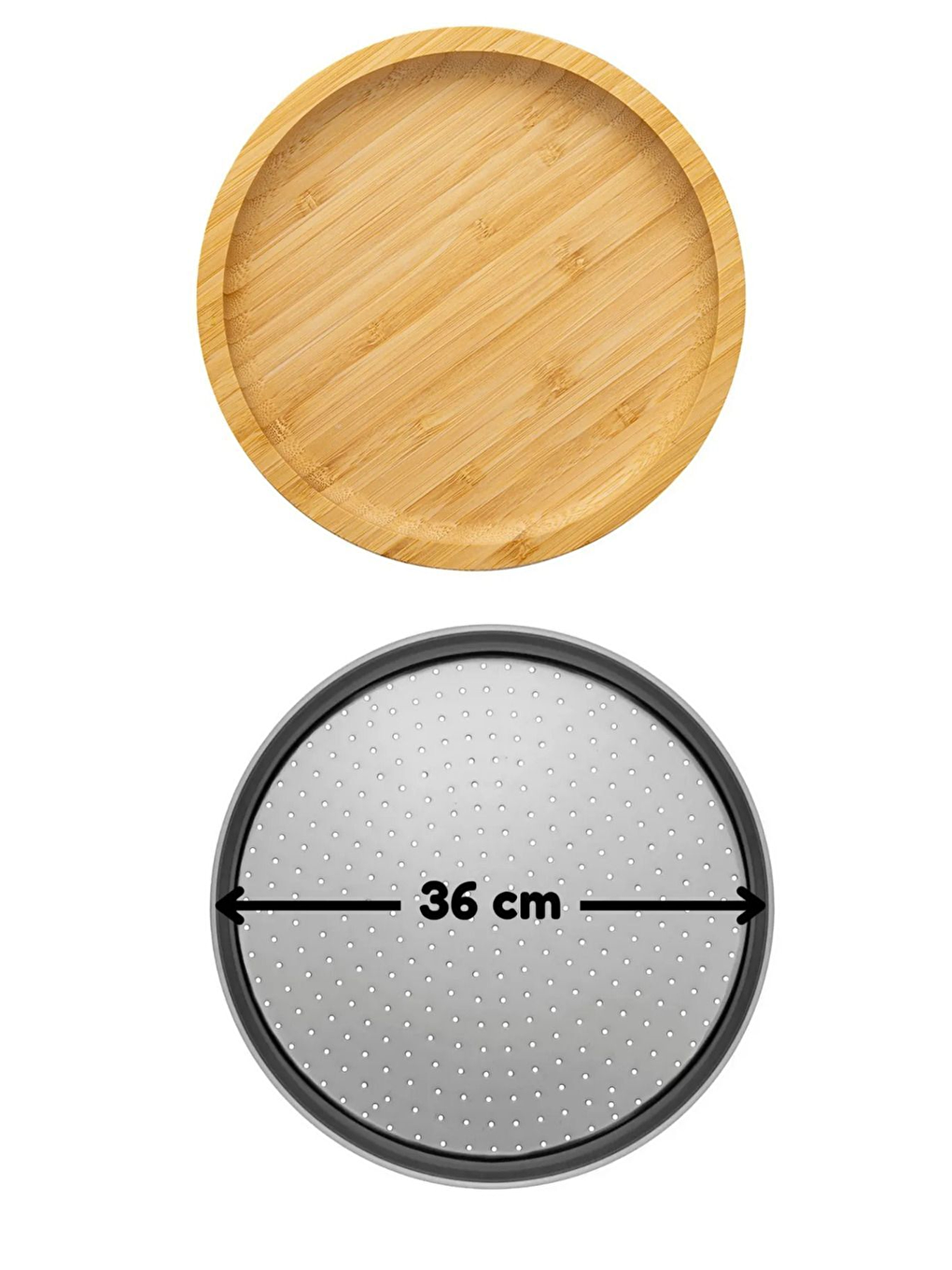 Gri Büyük Boy Delikli Pizza Tepsisi Lahmacun Tepsisi 36 cm ve Bambu Yuvarlak Pizza Tabağı 30 cm-3
