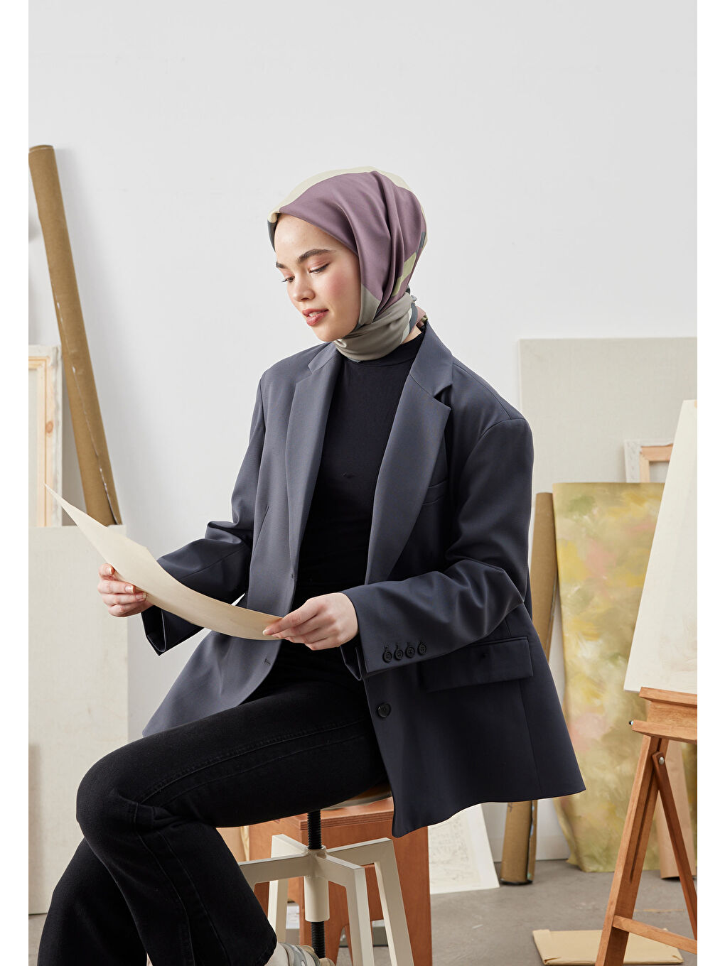 Lila Multı Colors Desen Pamuk İpek Eşarp Lavanta