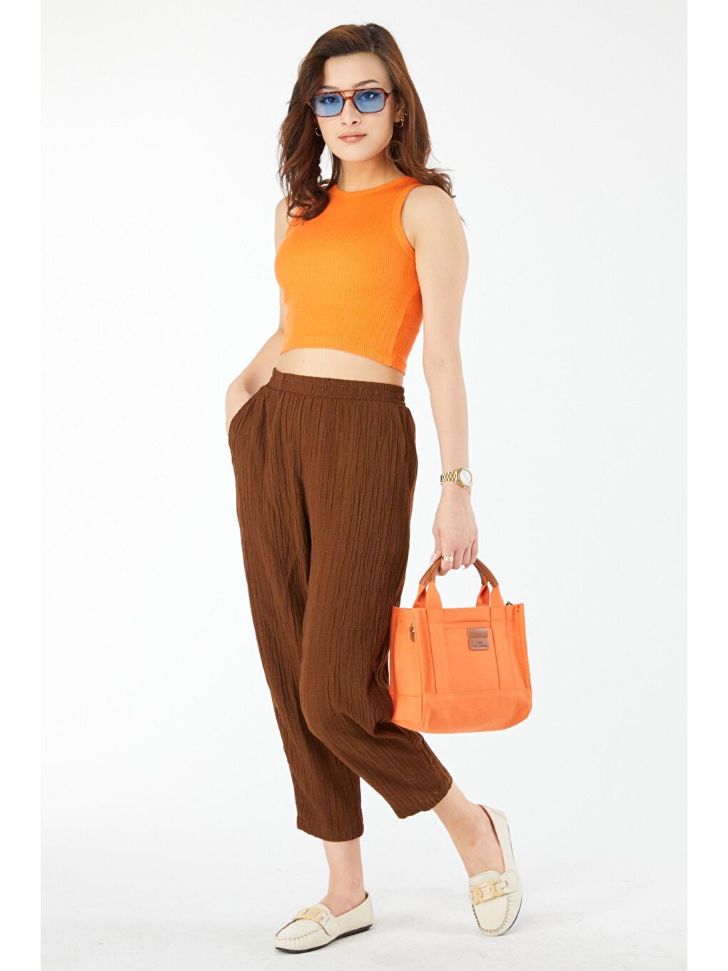 Bisiklet Yaka Kadın Turuncu Kısa Kollu Crop - 24438-1