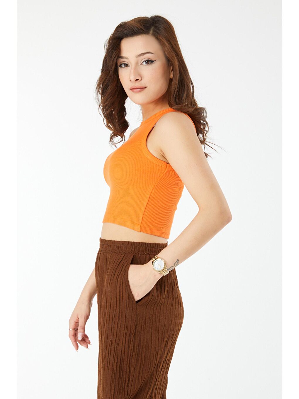 Bisiklet Yaka Kadın Turuncu Kısa Kollu Crop - 24438-2