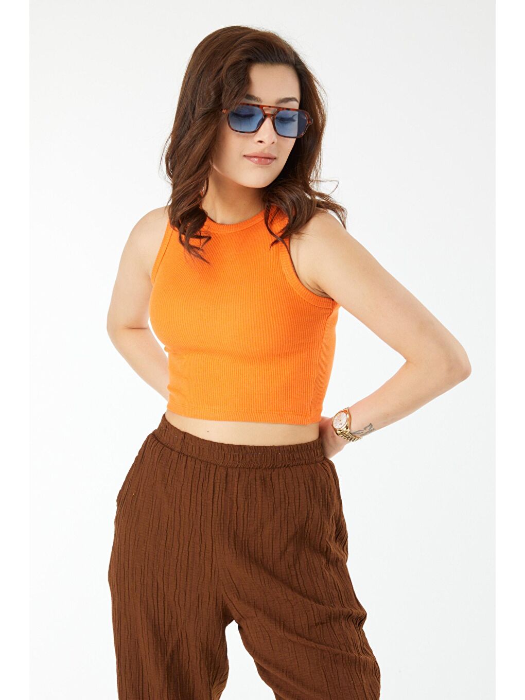 Bisiklet Yaka Kadın Turuncu Kısa Kollu Crop - 24438-3