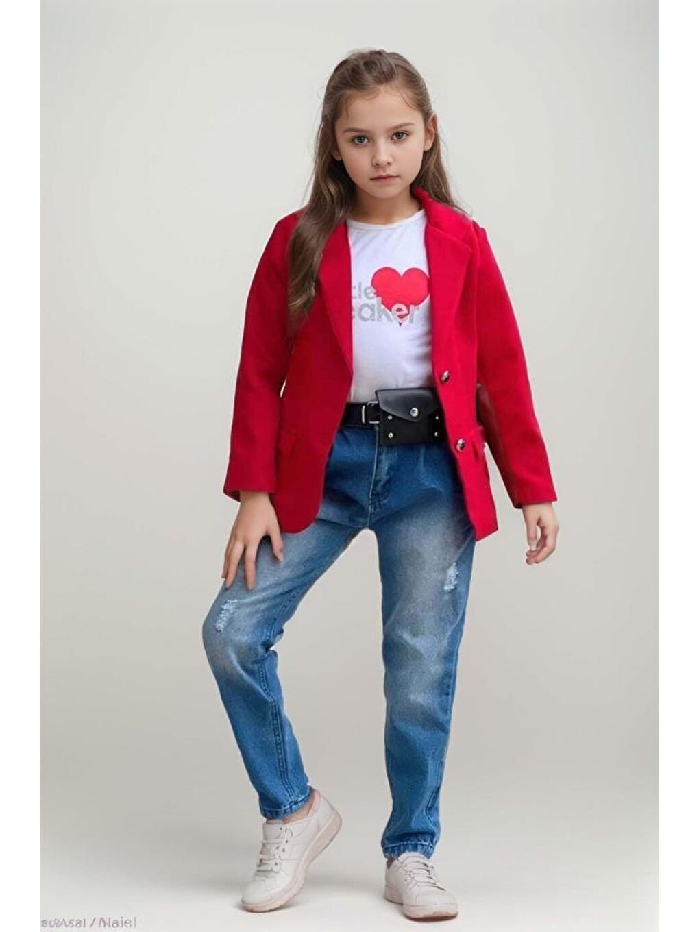 Kız Çocuk Kalp ve Little Baskılı Tişört ve Jean Kırmızı Blazer Ceket Alt Üst Takım