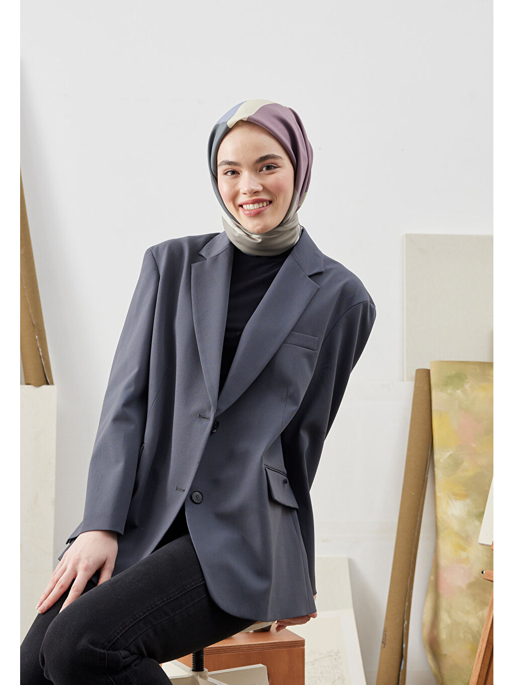 Lila Multı Colors Desen Pamuk İpek Eşarp Lavanta-1