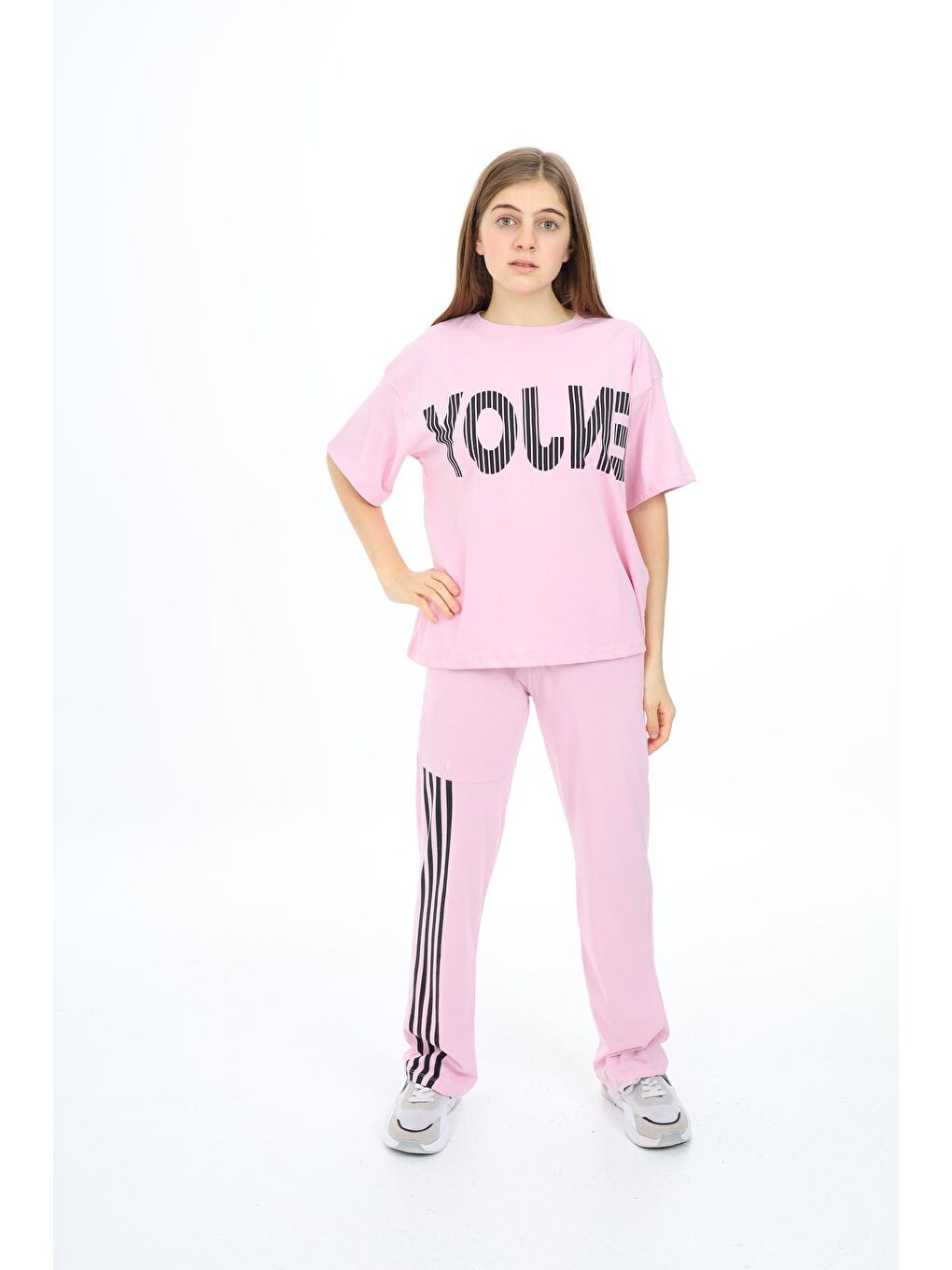 Pembe Kız Çocuk Şerit Detaylı Alt-Üst Takım Px033