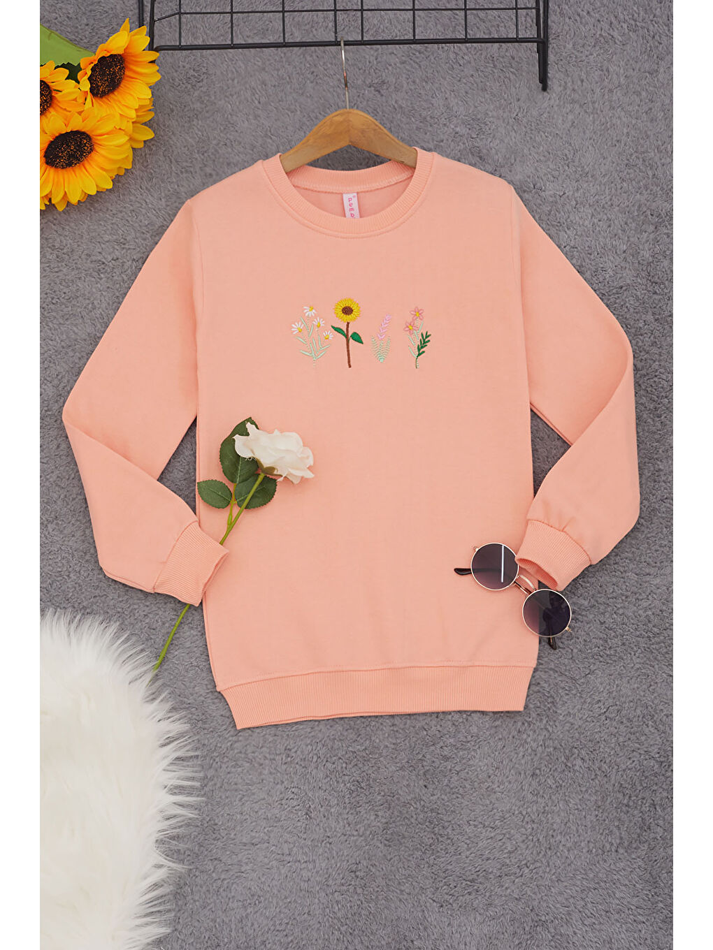 Pembe Life Kids Club Pembe Somon Papatya Nakışlı Kız Çocuk Kız Çocuk Sweatshirt 17202