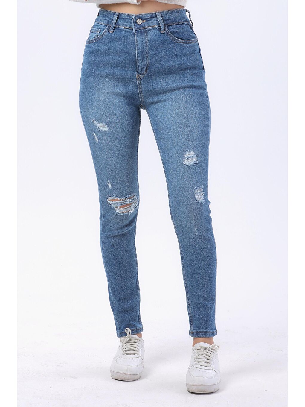 TOFİSA Mavi Düz Orta Kadın Mavi Likralı Skinny Jean Pantolon - 23812 - 1