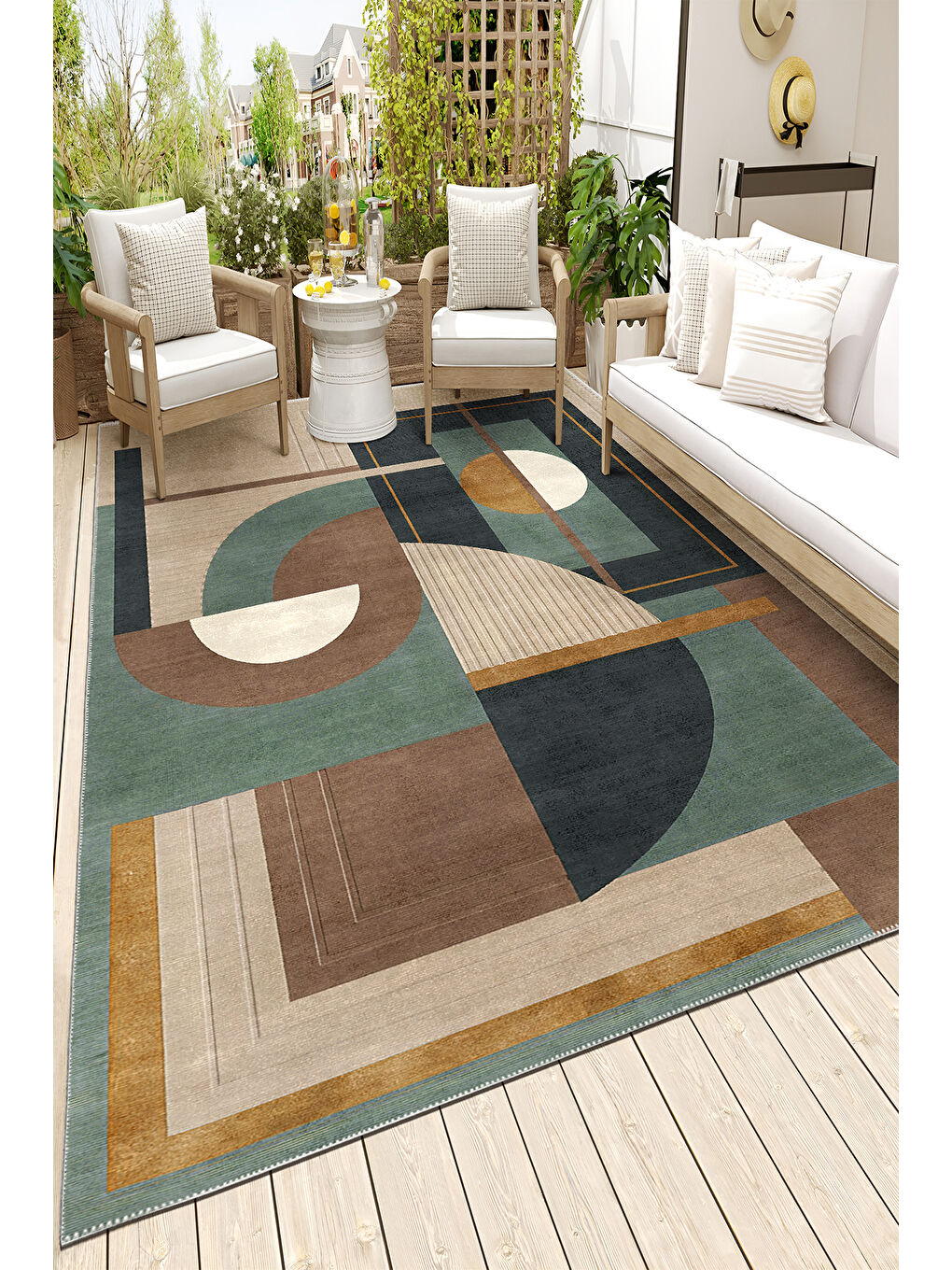 Yeşil Dekoratif Salon Halısı, Makinada Yıkanabilir, Kaymaz Taban, İnce & Modern Tasarım-3