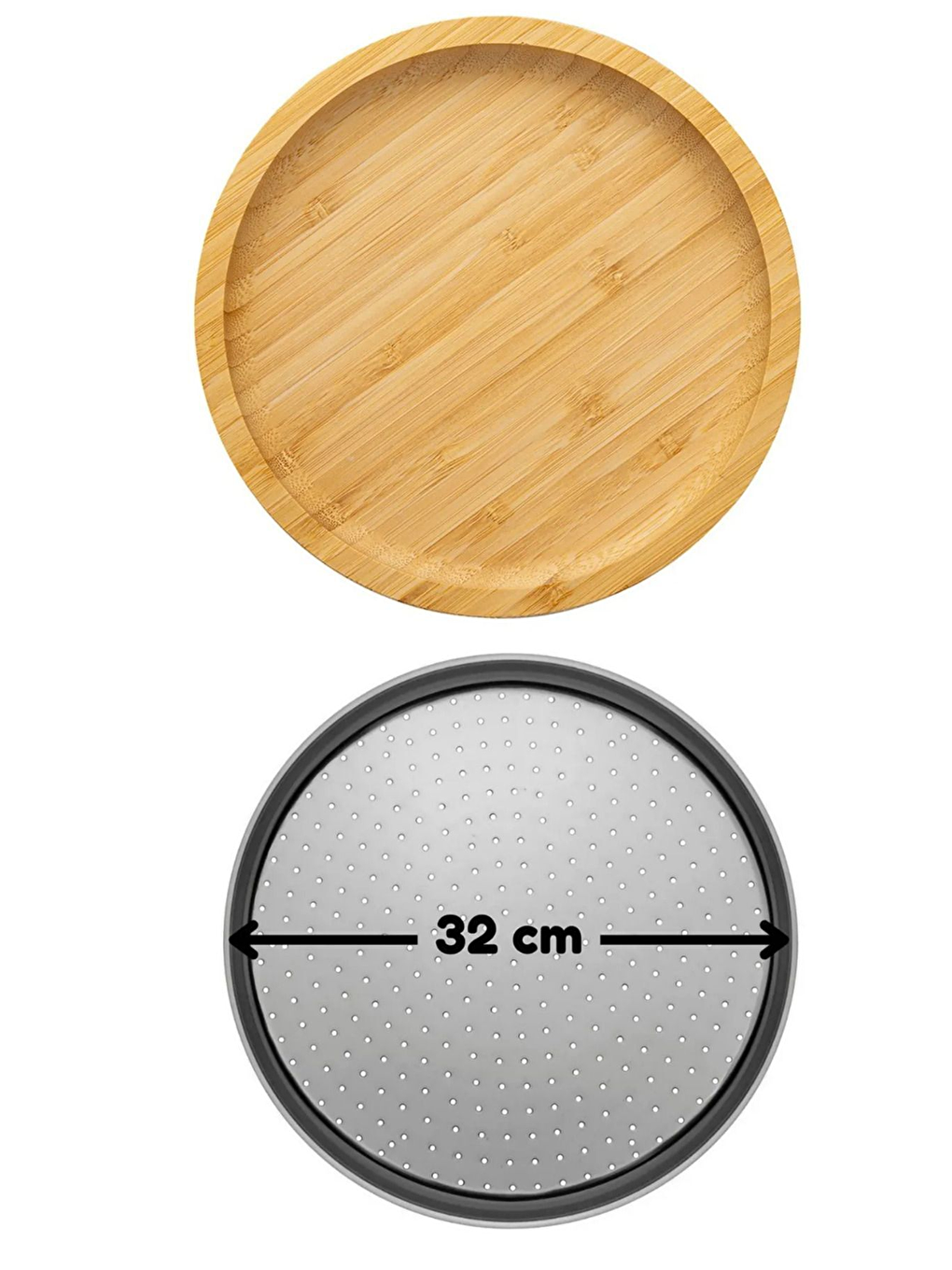 Gri Orta Boy Delikli Pizza Tepsisi Lahmacun Tepsisi 32 cm ve Bambu Yuvarlak Pizza Tabağı 30 cm