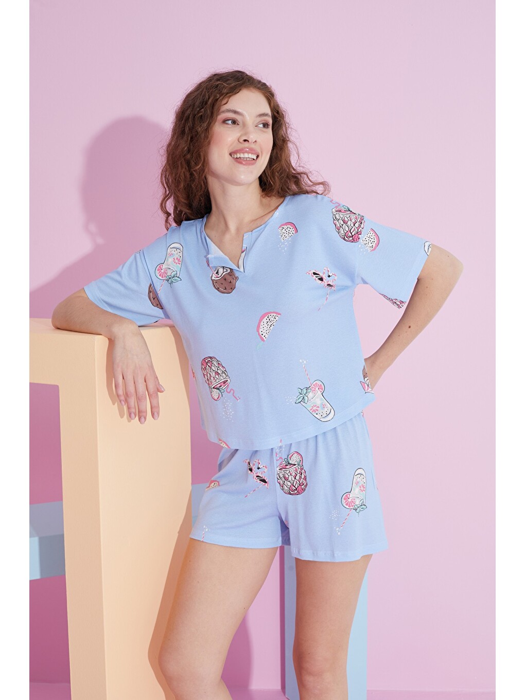 Mavi Elastanlı Örme T-shirt-şort Pijama Takım