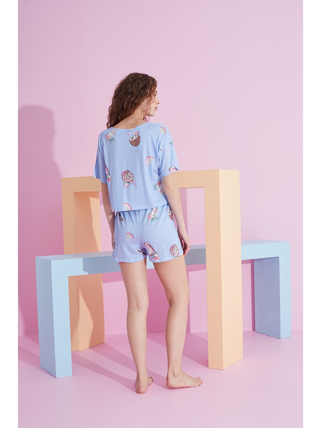 Mavi Elastanlı Örme T-shirt-şort Pijama Takım-2