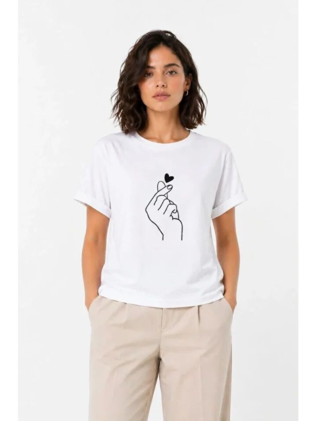 Kore Parmak Kalp Aşk Temalı Minimal Baskılı Tişört Yazlık Kısa Kol T-Shirt - Beyaz-2