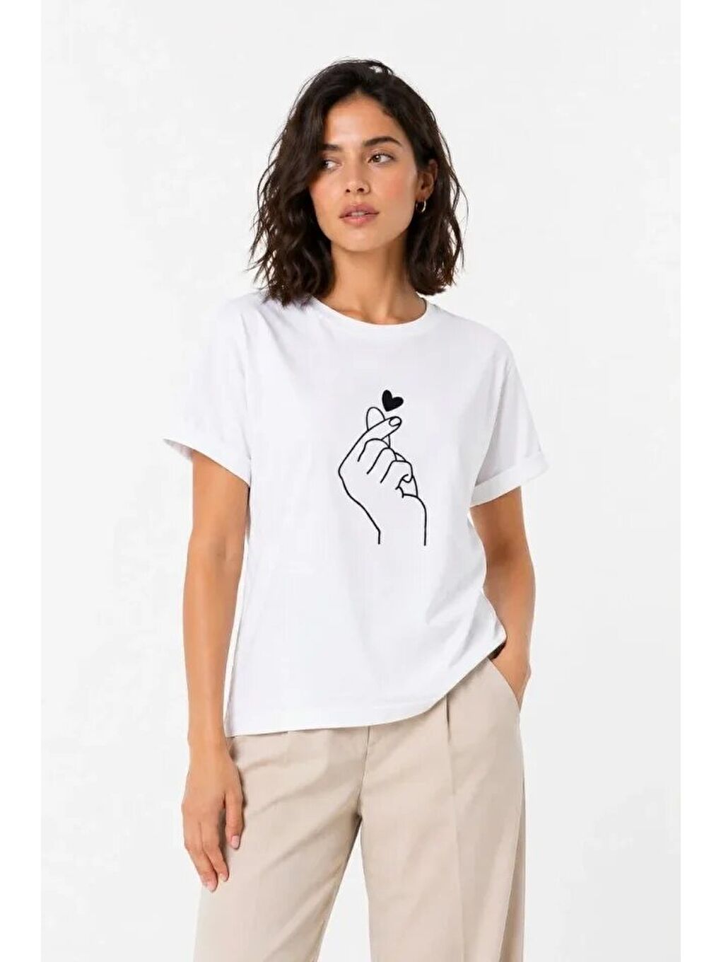 Kore Parmak Kalp Aşk Temalı Minimal Baskılı Tişört Yazlık Kısa Kol T-Shirt - Beyaz-3