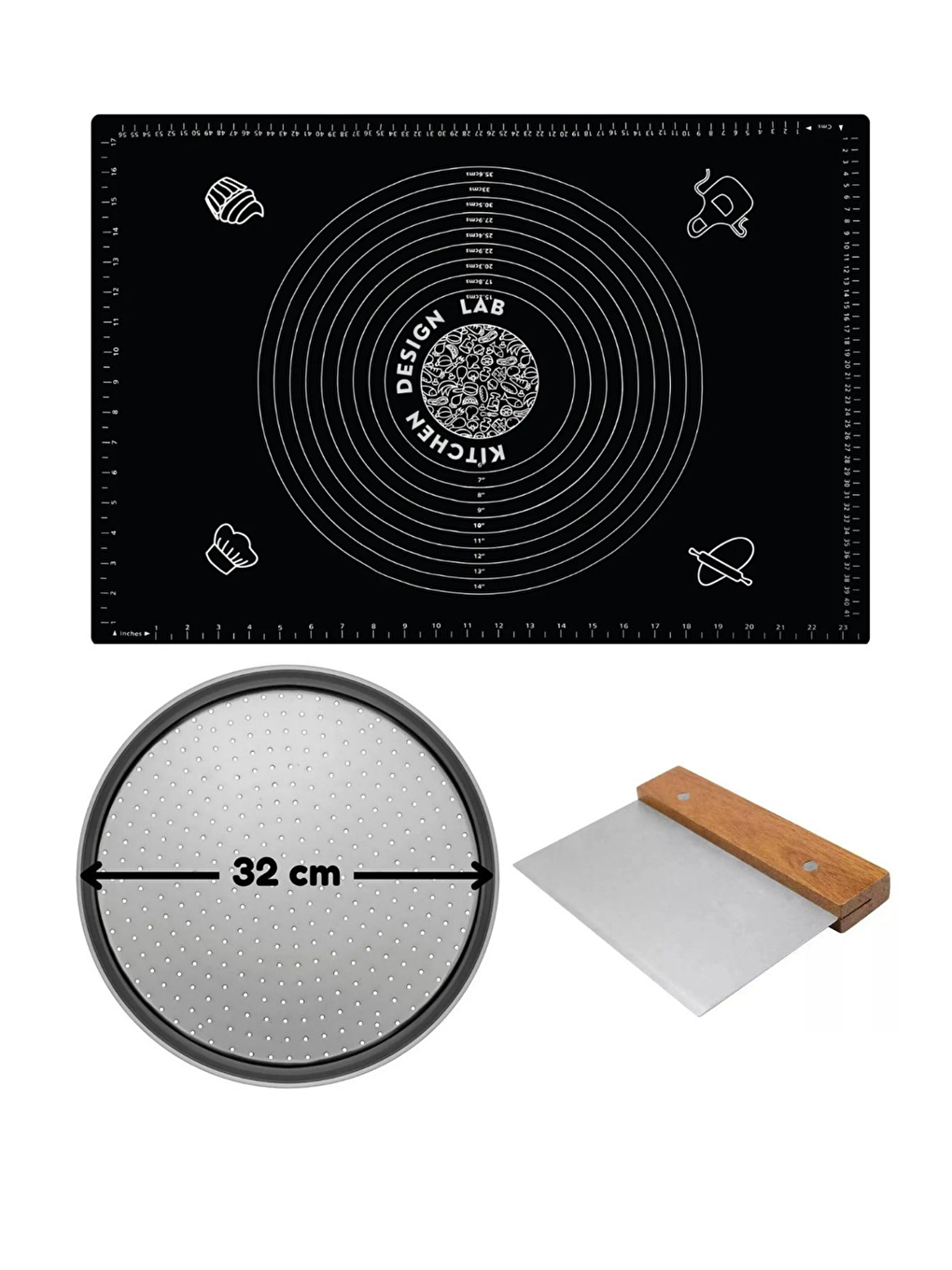 Gri Siyah Silikon Hamur Açma Matı 45 x 65 cm 32 cm Pizza Tepsisi ve Ahşap Saplı Hamur ve Pizza Kesici