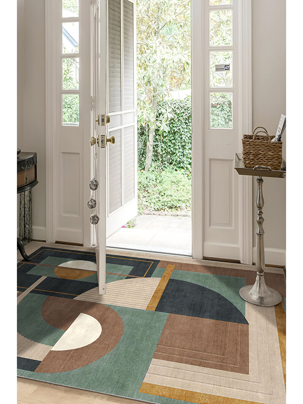 Yeşil Dekoratif Salon Halısı, Makinada Yıkanabilir, Kaymaz Taban, İnce & Modern Tasarım-4