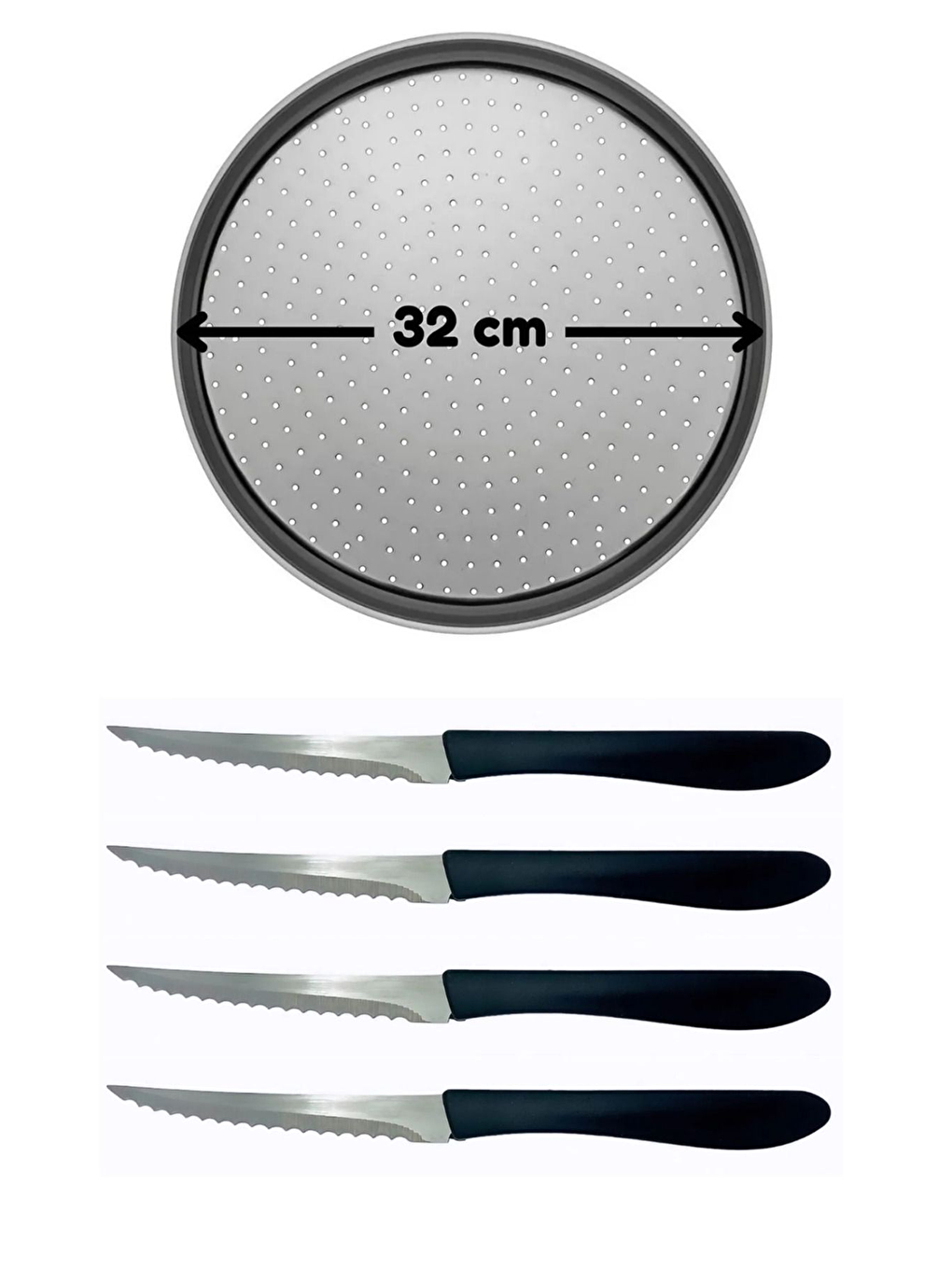 Gri Orta Boy Delikli Pizza Tepsisi Lahmacun Tepsisi 32 cm ve Paslanmaz Çelik Siyah Pizza Bıçağı 4 Adet