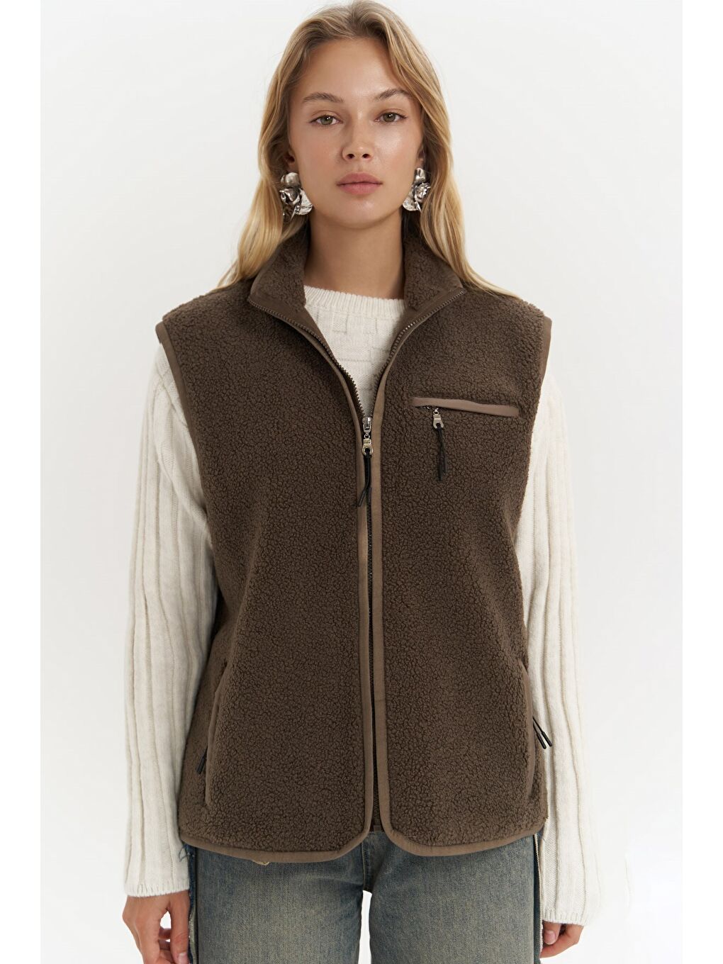 Kahverengi Alberg Kahve Salaş Teddy Yelek-3