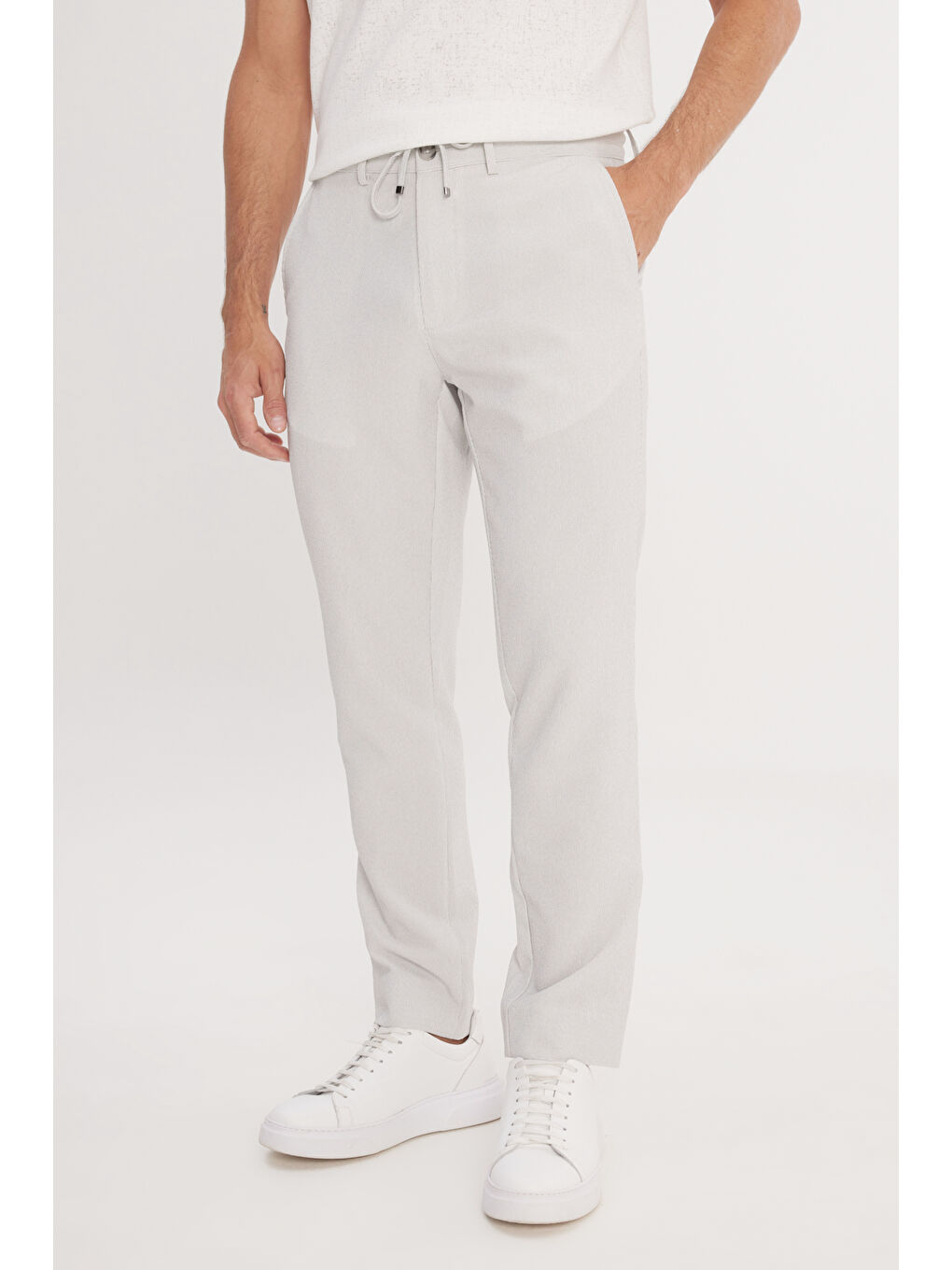 Erkek Gri Slim Fit Dar Kesim Beli Bağlamalı Çizgili Yan Cepli Casual Jogger Pantolon