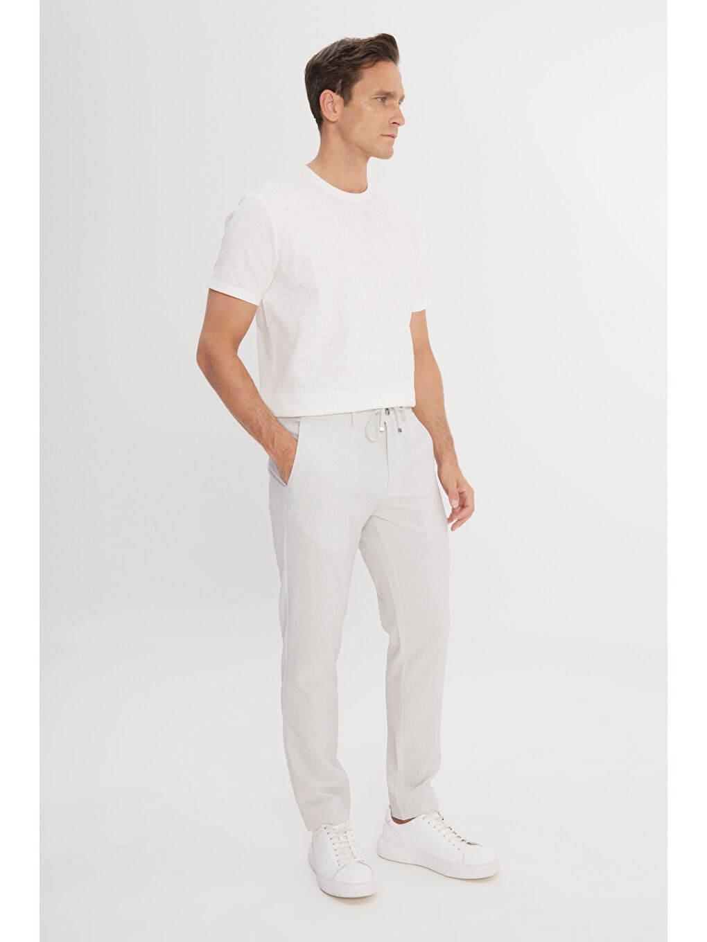 Erkek Gri Slim Fit Dar Kesim Beli Bağlamalı Çizgili Yan Cepli Casual Jogger Pantolon-2