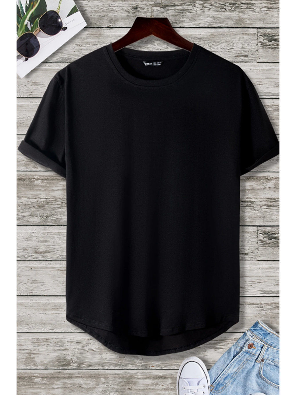 Erkek Siyah Bisiklet Yaka Oval Etek Salaş %100 Pamuk Basic Tişört