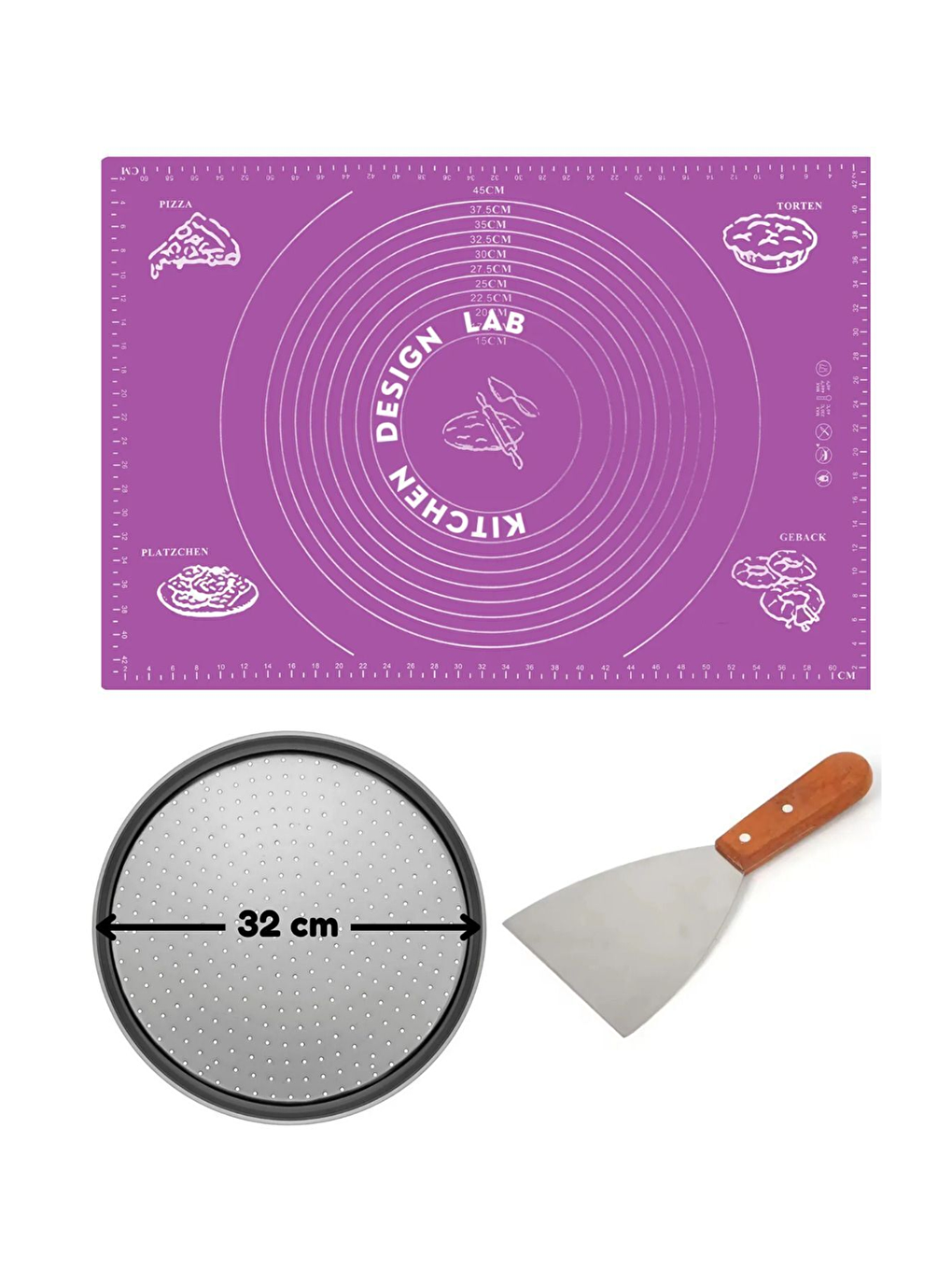 Gri Mor Hamur Açma Matı 45 x 65 cm 32 cm Pizza Tepsisi ve Ahşap Uzun Saplı Hamur ve Pizza Kesici