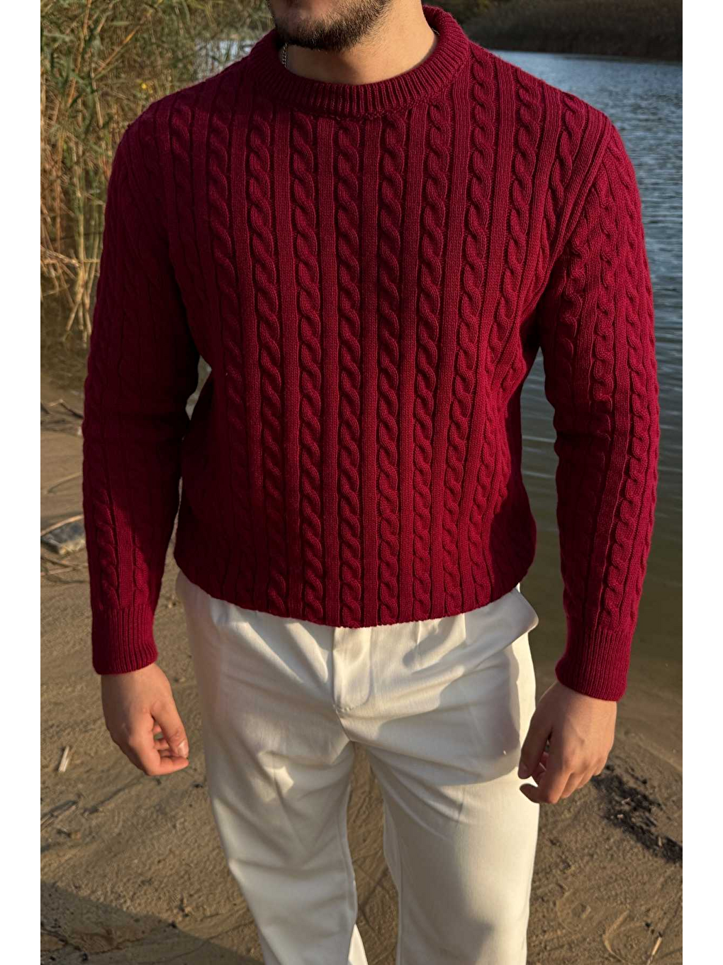 Bordo Mira Premium Saç Örgü Bisiklet Yaka Kalın Triko Kazak-1