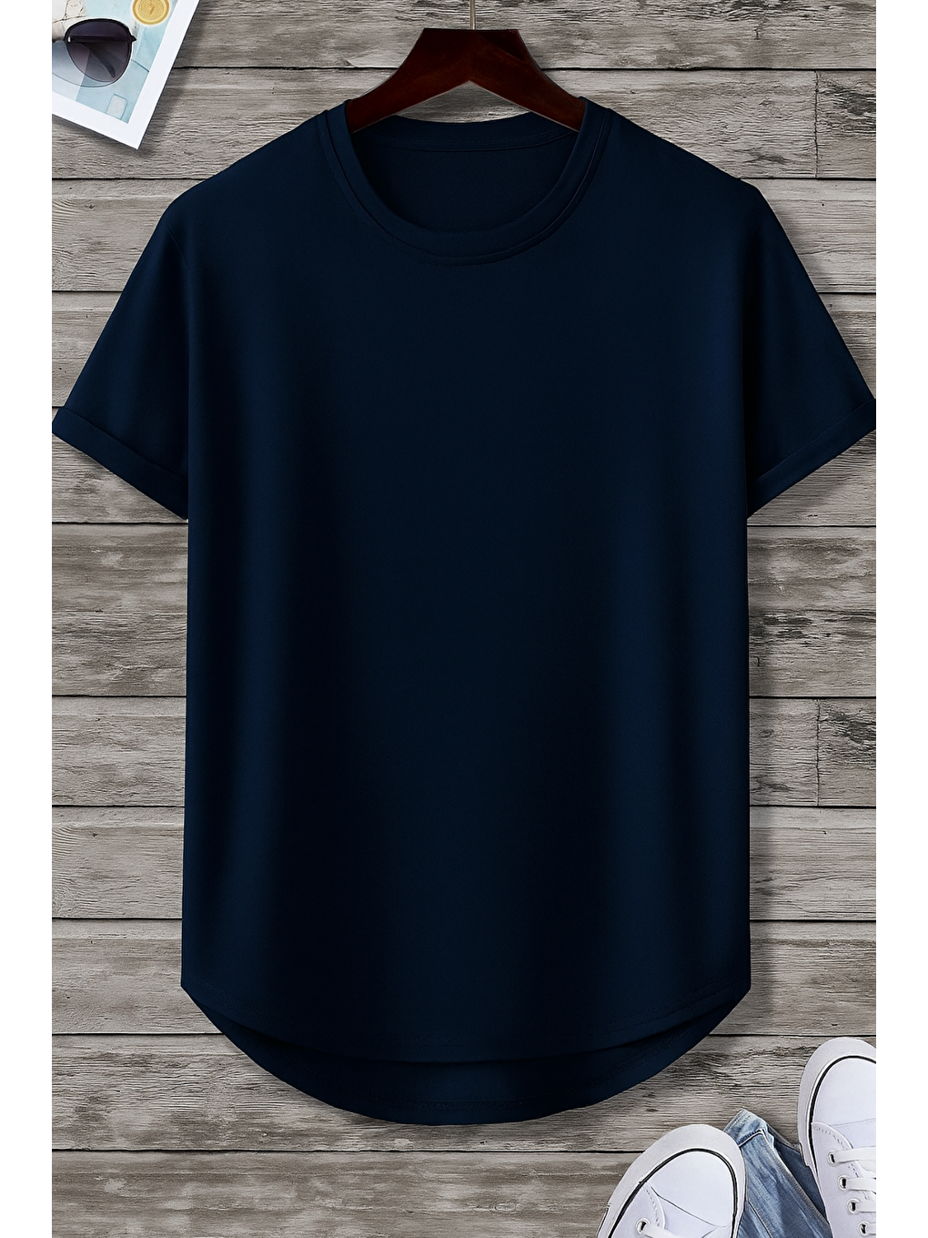 Erkek Lacivert Bisiklet Yaka Oval Etek Salaş %100 Pamuk Basic Tişört