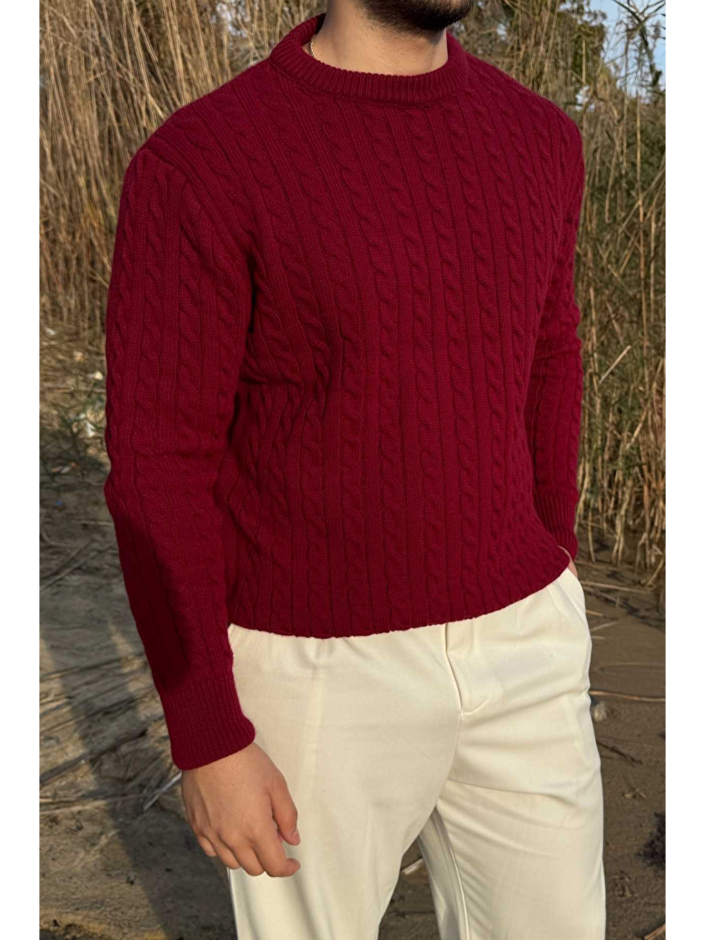 Bordo Mira Premium Saç Örgü Bisiklet Yaka Kalın Triko Kazak-2
